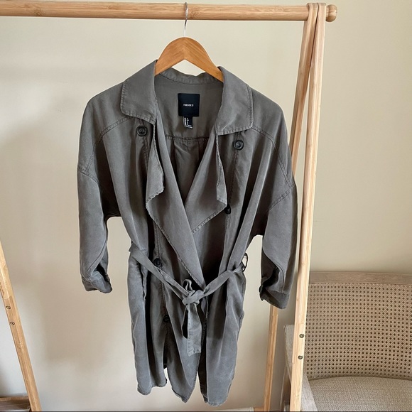 Forever 21 Jackets & Blazers - Longline Flowy Tie Front Trench Coat in Army Green - S